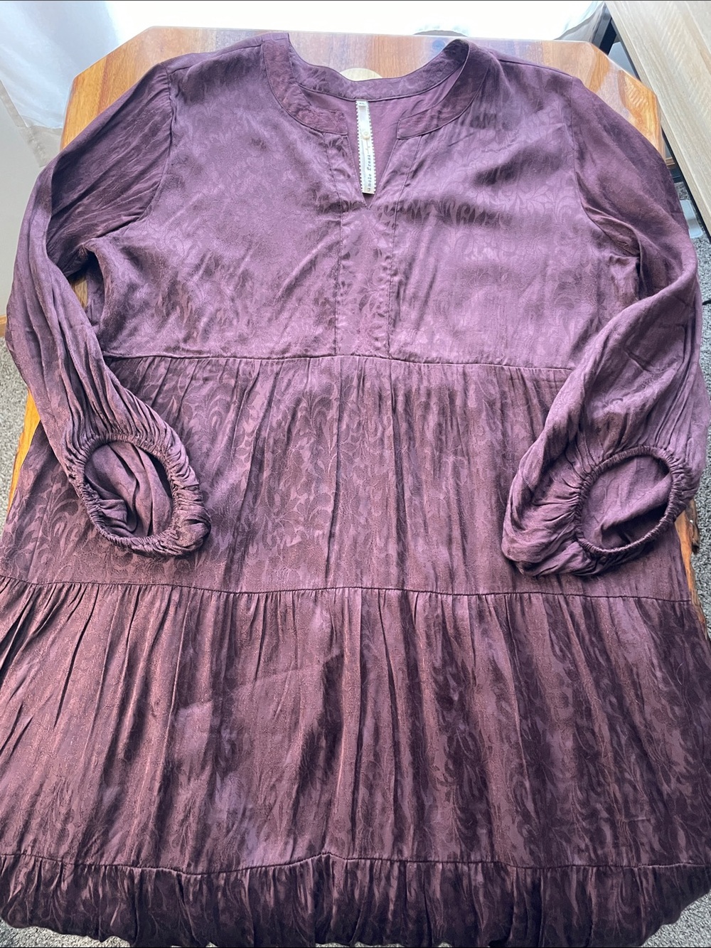 Plum Jacquard Romantic Tiered Tunic Dress Eggplant Bishop Billowing Sleeves Fall